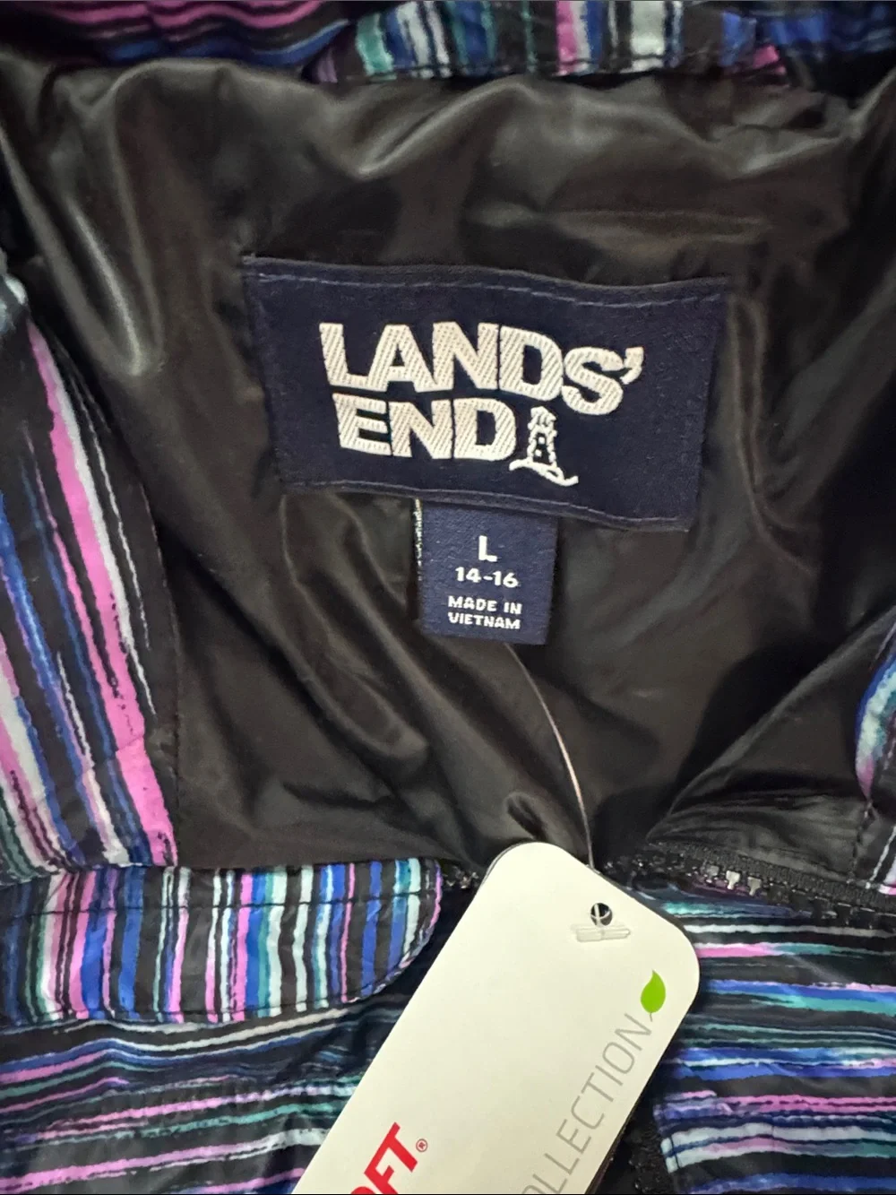 Lands' End girls Striped Quilted Jacket in Blue, Purple and Black new with tags